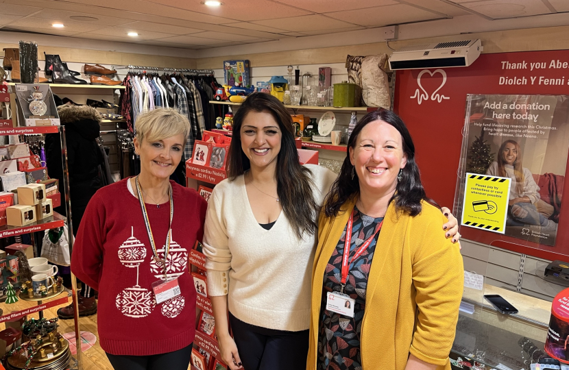 Natasha Asghar MS at the BHF charity shop in Abergavenny.